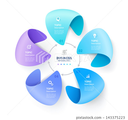 Modern 3D Circular Steps Ribbon Infographic Template for Business Result Concept Colorful Folded Ribbon Shapes Clean Vector Background. Modern 3D Circular Steps Ribbon Infographic Template for Business Result Concept Colorful Folded Ribbon Shapes Clean Vector Background. 143375223