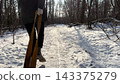 Rear view of woman running ahead and pulling sled with her man on snowy forest path under sunlight. Female jogging and towing her boyfriend on sledge strap at snow trail. Active winter walk at wood 143375279