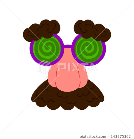 Eyeglasses with fake nose and mustache for April jokes. Crazy eyesight. Vector illustartion isolated on white. Ideal for stickers, greeting cards, party decorations Eyeglasses with fake nose and mustache for April jokes. Crazy eyesight. Vector illustartion isolated on white. Ideal for stickers, greeting cards, party decorations 143375362