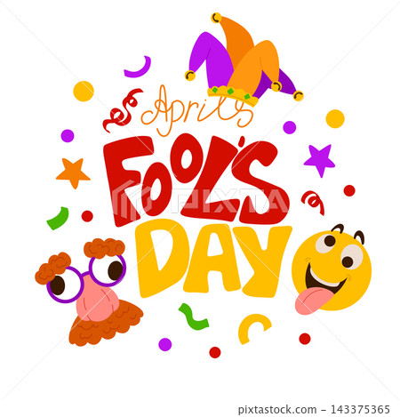April Fools Day doodle poster template. Vector Illustration with hand writing lettering, laughting emoji, jester's hat. Party invitation. Flyer, poster, brochure, card 143375365