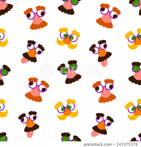 Fake nose glasses vector seamless pattern. Bright background for April Fool's Day. Traditional disguise glasses backdrop for Joke Day isolated on white for wrapping, textile, print, web Fake nose glasses vector seamless pattern. Bright background for April Fool's Day. Traditional disguise glasses backdrop for Joke Day isolated on white for wrapping, textile, print, web 143375378