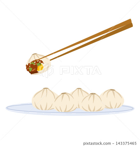 Vector illustration of dumplings and xiaolongbao on a plate with chopsticks. Chinese dim sum design with graphic details. Ideal for stickers, menus, restaurant designs Vector illustration of dumplings and xiaolongbao on a plate with chopsticks. Chinese dim sum design with graphic details. Ideal for stickers, menus, restaurant designs 143375465
