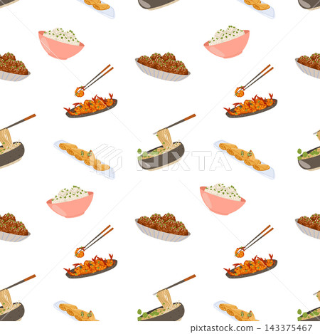 Seamless vector pattern of Chinese noodles, meatballs, spring rolls, sweet rice balls. Hand drawn traditional asian food elements for textiles, wrapping paper, menus, posters and web banners Seamless vector pattern of Chinese noodles, meatballs, spring rolls, sweet rice balls. Hand drawn traditional asian food elements for textiles, wrapping paper, menus, posters and web banners 143375467