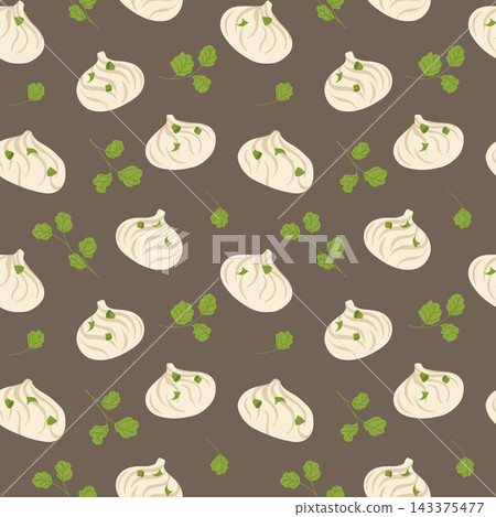 Seamless vector pattern of dumplings, dim sum, parsley. Chinese cuisine print for textiles, wrapping paper, menus, restaurant designs and web banners. 143375477