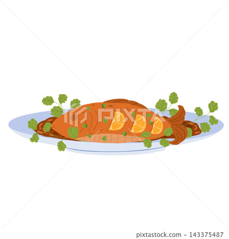 Grilled fish with parsley and lemon on a plate. Whole roast dorado vector hand drawn illustration. Delicious seafood Grilled fish with parsley and lemon on a plate. Whole roast dorado vector hand drawn illustration. Delicious seafood 143375487