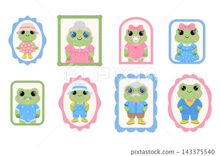 Collection of cartoon frog family portraits in decorative frames. Collection of cartoon frog family portraits in decorative frames. 143375540