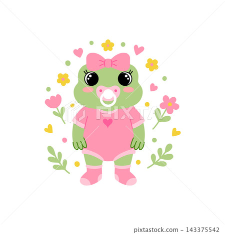 Baby girl frog character in a pink bodysuit with flowers and hearts. Vector mascot on white background. 143375542
