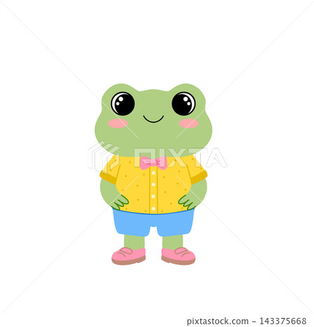 Frog boy character in yellow shirt and blue shorts. Vector illustration on white background. Frog boy character in yellow shirt and blue shorts. Vector illustration on white background. 143375668