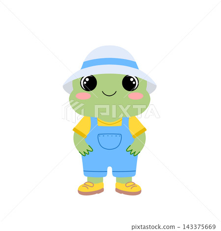 Cute frog character wearing a white sun hat and blue overalls. Vector mascot isolated on white background. Cute frog character wearing a white sun hat and blue overalls. Vector mascot isolated on white background. 143375669