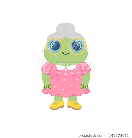 Frog grandmother character in pink polka dot dress and glasses. Vector illustration on white background. Frog grandmother character in pink polka dot dress and glasses. Vector illustration on white background. 143375671