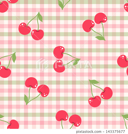Seamless pattern with red cherries on pink and green gingham plaid. Romantic fruit background. Seamless pattern with red cherries on pink and green gingham plaid. Romantic fruit background. 143375677
