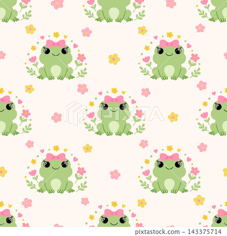 Seamless pattern with cute frogs, pink bows, and spring flowers. Kawaii animal design for nursery and decor. Seamless pattern with cute frogs, pink bows, and spring flowers. Kawaii animal design for nursery and decor. 143375714