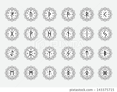Set of Elder Futhark runes inside mandala star. Black line art vector for spiritual, occult or Viking themed designs. Set of Elder Futhark runes inside mandala star. Black line art vector for spiritual, occult or Viking themed designs. 143375715