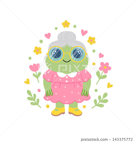 Grandmother frog character wearing a pink dress and glasses. Grandmother frog character wearing a pink dress and glasses. 143375772