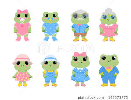 Collection of cartoon frog family characters including baby, grandparents, and parents. Vector mascots for kids design. Collection of cartoon frog family characters including baby, grandparents, and parents. Vector mascots for kids design. 143375775