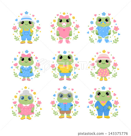 Collection frog family characters in floral wreaths. Vector set for nursery and children design. Collection frog family characters in floral wreaths. Vector set for nursery and children design. 143375776