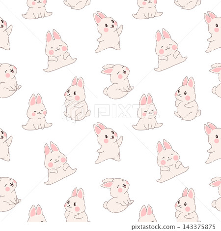Cute Easter bunny pattern in kawaii style. Seamless design with hand drawn rabbits. Great for fabric prints, stationery, nursery decor, stickers and packaging 143375875
