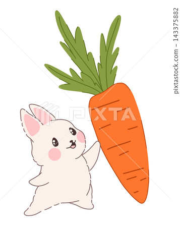 Standing kawaii rabbit with a big carrot. Cute cartoon bunny vector illustration. Hand drawn flat design for print, sticker, web Standing kawaii rabbit with a big carrot. Cute cartoon bunny vector illustration. Hand drawn flat design for print, sticker, web 143375882