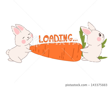 Cute "Loading" text with a kawaii rabbit illustration. Adorable and playful design for a fun waiting screen. Ideal for websites, apps, UI elements, social media, and digital stickers Cute "Loading" text with a kawaii rabbit illustration. Adorable and playful design for a fun waiting screen. Ideal for websites, apps, UI elements, social media, and digital stickers 143375883