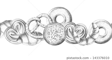 Sweet buns in a seamless border. Isolated pencil illustration for bakeries, cafes, restaurants, cooking schools, packaging, menus, artisanal shops, and agritourism-related typography. Sweet buns in a seamless border. Isolated pencil illustration for bakeries, cafes, restaurants, cooking schools, packaging, menus, artisanal shops, and agritourism-related typography. 143376010
