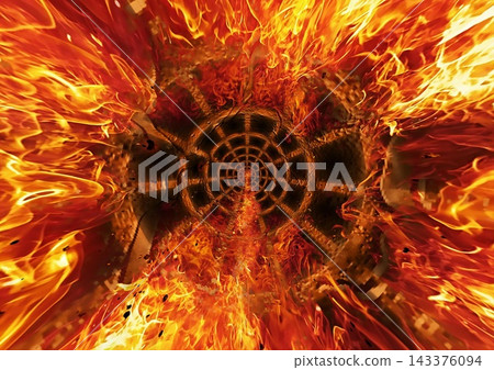 A burning circular metal mesh and flame energy texture A burning circular metal mesh and flame energy texture 143376094
