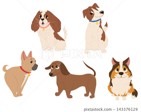 Dog characters vector set, perfect for pet sticker collections. Playful design for digital graphics, social media posts, textile, posters, web banners and holiday decor Dog characters vector set, perfect for pet sticker collections. Playful design for digital graphics, social media posts, textile, posters, web banners and holiday decor 143376129