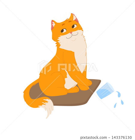 Hand drawn vector illustration of a funny cat character. Perfect for pet-themed stickers and greeting card. Troublemaker ginger cat dropping a glass of water Hand drawn vector illustration of a funny cat character. Perfect for pet-themed stickers and greeting card. Troublemaker ginger cat dropping a glass of water 143376130