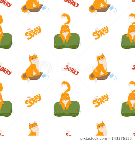 Playful seamless pattern with hand drawn ginger cats and "sorry" lettering. Apology concept design with funny pet characters, perfect for gifts, home decor and wrapping paper. Playful seamless pattern with hand drawn ginger cats and "sorry" lettering. Apology concept design with funny pet characters, perfect for gifts, home decor and wrapping paper. 143376133