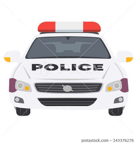Front view of a white police patrol car with emergency siren lights Front view of a white police patrol car with emergency siren lights 143376276