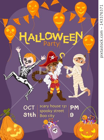 Halloween party flyer with children in mummy, pirate and skeleton costumes, pumpkins and candy. Vector cartoon template design for spooky invitations, Trick or Treat posters, banners, cards Halloween party flyer with children in mummy, pirate and skeleton costumes, pumpkins and candy. Vector cartoon template design for spooky invitations, Trick or Treat posters, banners, cards 143376371