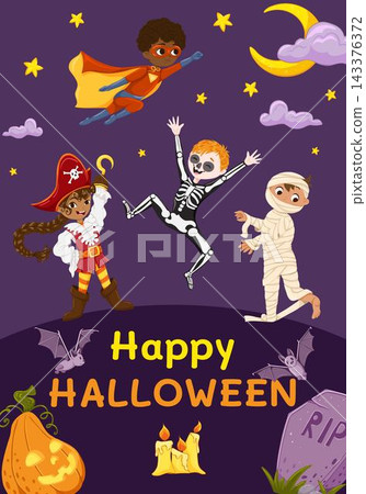 Happy Halloween card design with kids in skeleton, pirate, mummy and superhero costumes, pumpkins and gravestone. Vector illustration for holiday invitations, poster, flyers and festive banner Happy Halloween card design with kids in skeleton, pirate, mummy and superhero costumes, pumpkins and gravestone. Vector illustration for holiday invitations, poster, flyers and festive banner 143376372