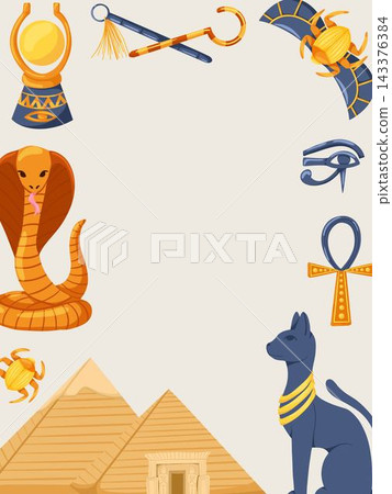 Frame with Egyptian symbols, pyramid, cat, cobra, scarab, crook and flail, symbols of pharaonic power. Vector cartoon hand drawn illustration with copy space for invitation, banner and greeting cards Frame with Egyptian symbols, pyramid, cat, cobra, scarab, crook and flail, symbols of pharaonic power. Vector cartoon hand drawn illustration with copy space for invitation, banner and greeting cards 143376384