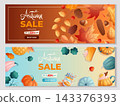 Set of autumn sale banners with pumpkin, pie, jam, leaves and berries. Cartoon horizontal vector illustration, warm orange and blue palette. Perfect for social media, web, promo, poster 143376393