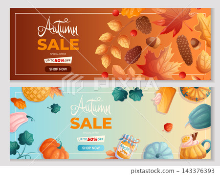Set of autumn sale banners with pumpkin, pie, jam, leaves and berries. Cartoon horizontal vector illustration, warm orange and blue palette. Perfect for social media, web, promo, poster 143376393