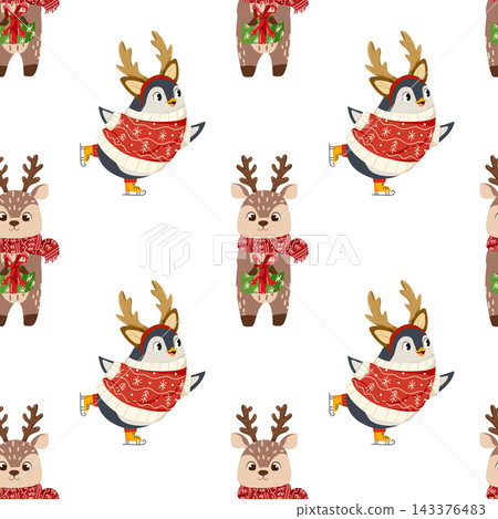 Festive seamless design with penguins and deer in a Christmas setting. Vector illustration perfect for cheerful holiday projects. Perfect for gift boxes, banners, home decor, and apparel Festive seamless design with penguins and deer in a Christmas setting. Vector illustration perfect for cheerful holiday projects. Perfect for gift boxes, banners, home decor, and apparel 143376483