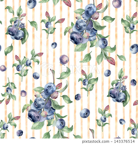 Contemporary surface pattern with berries on striped orange background. Watercolor blueberry lush branches bright leaves hand drawn. Seamless trendy design for textile. Fresh summer fruit repeat. Contemporary surface pattern with berries on striped orange background. Watercolor blueberry lush branches bright leaves hand drawn. Seamless trendy design for textile. Fresh summer fruit repeat. 143376514