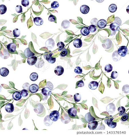 Wild blue berries and fresh green leaves watercolor seamless pattern on white background. Hand drawn bilberry on sprigs illustration. Soft rippled berry repeat for kitchen textile or organic food. Wild blue berries and fresh green leaves watercolor seamless pattern on white background. Hand drawn bilberry on sprigs illustration. Soft rippled berry repeat for kitchen textile or organic food. 143376540