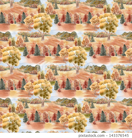 Bright October landscape with groves, hills and river watercolor seamless pattern. Fall countryside scenery repeat for fabric, wallpaper or wrapping paper. Autumn nature endless background hand drawn 143376545