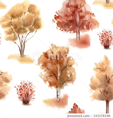 Vibrant watercolor autumn golden trees seamless pattern isolated white. Orange foliage and red bushes hand painted. November forest scene in warm tones repeat for wallpaper, fabric or package. Vibrant watercolor autumn golden trees seamless pattern isolated white. Orange foliage and red bushes hand painted. November forest scene in warm tones repeat for wallpaper, fabric or package. 143376546