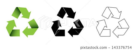 Set of three recycling symbol icons in green gradient, solid black, linear outline style isolated on white background. Modern vector template for eco, environment, zero waste concept design. Recycling Set of three recycling symbol icons in green gradient, solid black, linear outline style isolated on white background. Modern vector template for eco, environment, zero waste concept design. Recycling 143376754