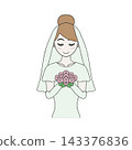 An illustration of a bride in a pure white wedding dress, smiling happily while holding a bouquet. 143376836
