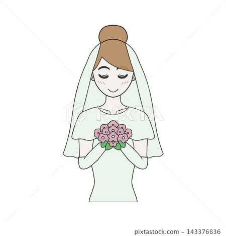 一幅插畫，描繪了一位身穿純白婚紗的新娘，手捧花束，笑容燦爛。 143376836