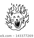 Cat head surrounded by burning flames line art vector illustration 143377269