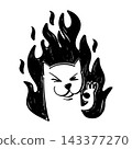 Black and white hand drawn vector illustration of a cartoon cat surrounded by fire giving an ok hand sign 143377270