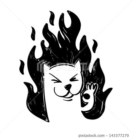 Black and white hand drawn vector illustration of a cartoon cat surrounded by fire giving an ok hand sign Black and white hand drawn vector illustration of a cartoon cat surrounded by fire giving an ok hand sign 143377270