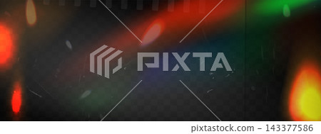 Old camera film filter, leaks texture with scratches overlay. Noise damaged photo effect, blurred rainbow iridescent gradient, retro movie with dust on dark background. Vector abstract illustration. Old camera film filter, leaks texture with scratches overlay. Noise damaged photo effect, blurred rainbow iridescent gradient, retro movie with dust on dark background. Vector abstract illustration. 143377586