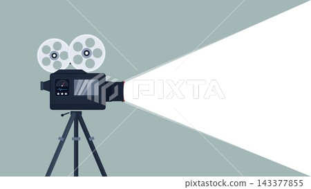 Vintage film projector on a tripod casting a bright beam of light 143377855