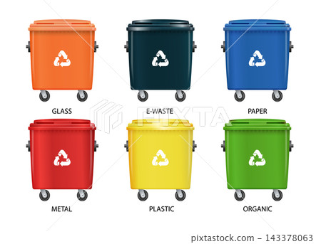 Colorful waste bins collection with paper, metal, and organic trash separation. Vector recycling containers illustration for eco-conscious garbage disposal and green environment care 143378063
