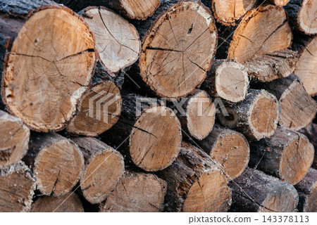 Close up of logs stored to dry for use in a log burner. Close up of logs stored to dry for use in a log burner. 143378113