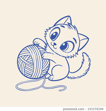 Cute Kitten Playing with Yarn Ball. Line Art Illustration. Cute Kitten Playing with Yarn Ball. Line Art Illustration. 143378194